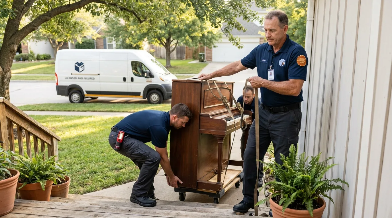 Licensed piano movers securing grand piano in Monroe, NC