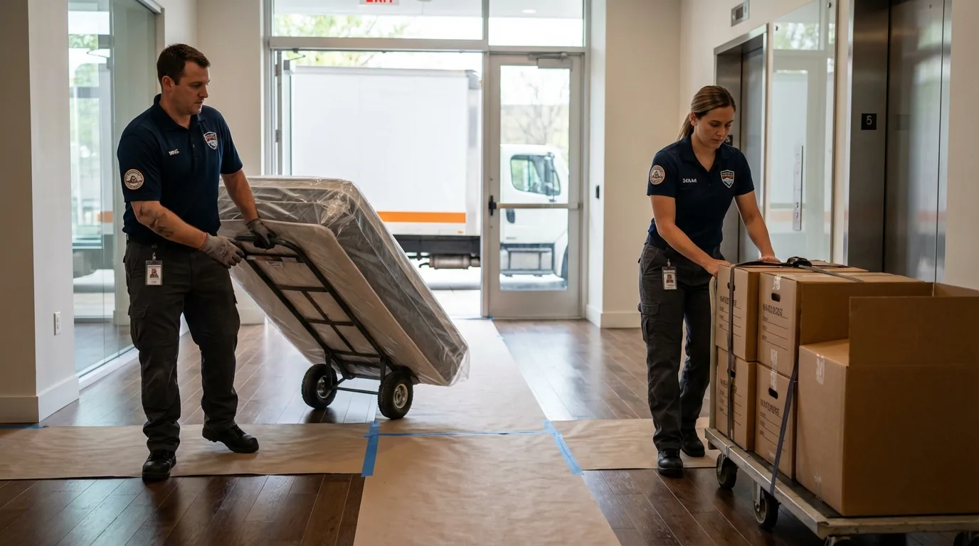 Professional apartment movers loading elevator in Monroe, NC